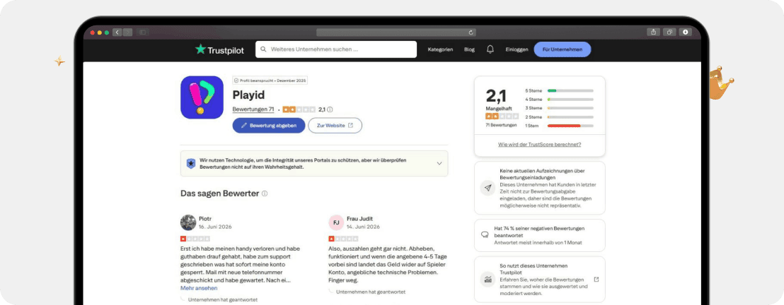 Screenshot PlayID Casino Bewertungen bei Trustpilot mit einem durchwachsenen Rating von 2,1