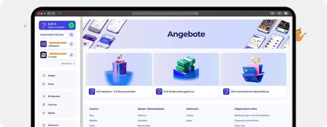 Screenshot Übersicht aktueller PlayID Bonusangebote mit Casino- und Sportaktionen