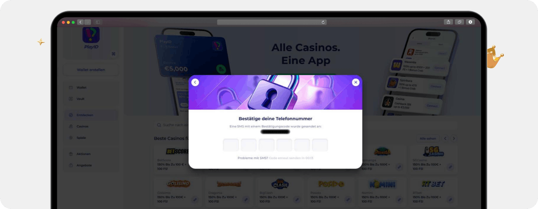 Screenshot Maske für die Eingabe des SMS-Bestätigungscodes bei PlayID als vierter Schritt der Registrierung in PlayID Casinos