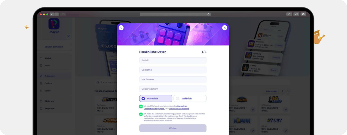 Screenshot Maske für die Eingabe persönlicher Daten bei PlayID als fünfter Schritt der Registrierung in PlayID Casinos