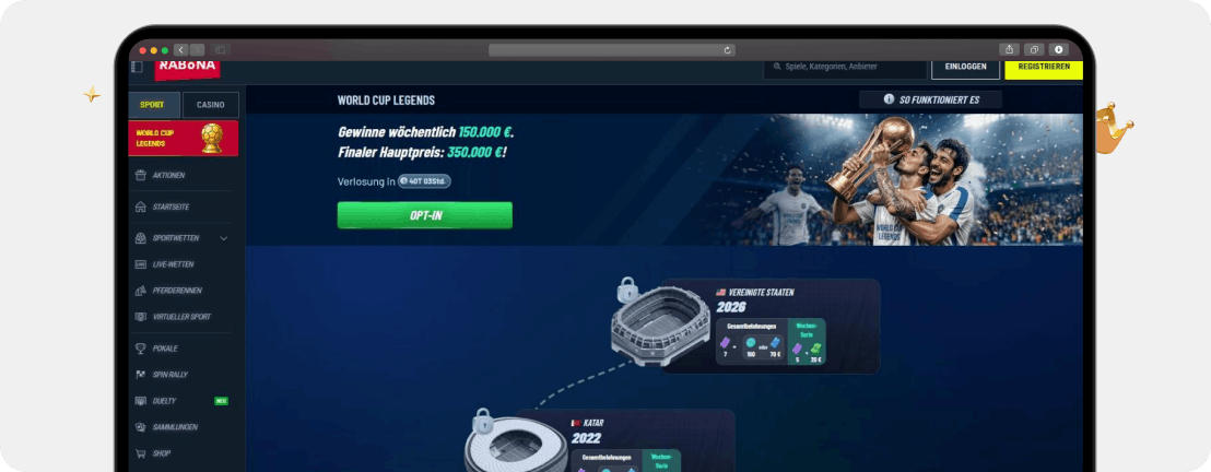 Screenshot Rabona World Cup Legends: 350.000 € Finalverlosung + Wochenboni als WM Casino Bonus 2026