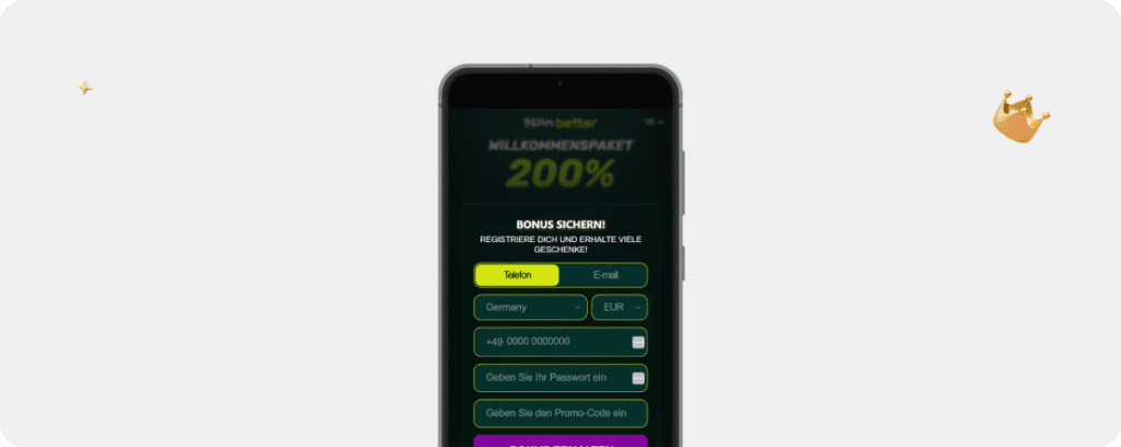 Registrierungsformular von SpinBetter Casino mit Bonuscode-Feld für den 10 Euro Bonus ohne Einzahlun