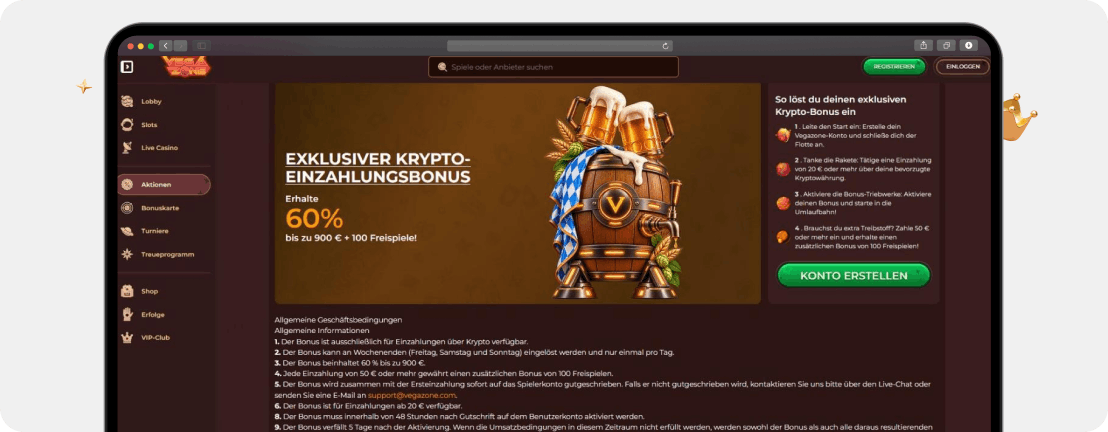 Screenshot Vegazone Reload Bonus mit 60 Prozent bis 900 Euro und 100 Freispielen