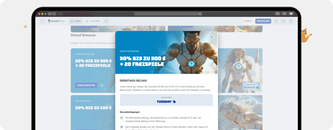 Rocketspin Casino Dienstags-Reload Bonusdetails
