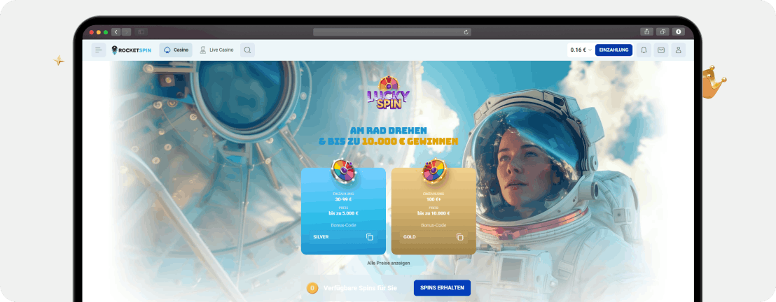 Rocketspin Casino Lucky Spin Glücksrad Silber und Gold