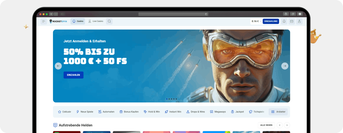 Rocketspin Casino Startseite mit Bonusbanner