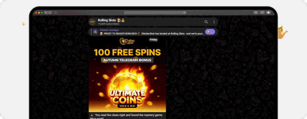 Rolling Slots Casino Telegram Kanal mit 100 Freispiele Autumn Bonus auf Ultimate Coins Hold And Win