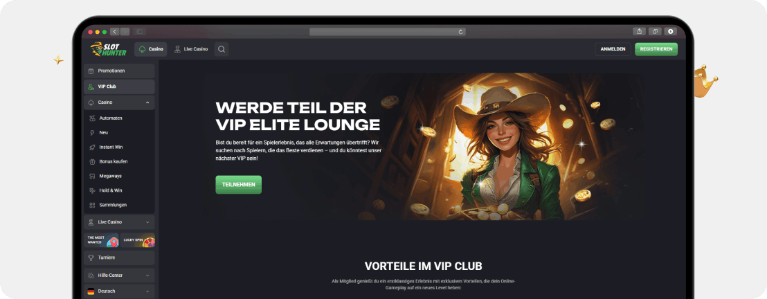 Slothunter Casino VIP Elite Lounge mit Cashback und VIP-Vorteilen