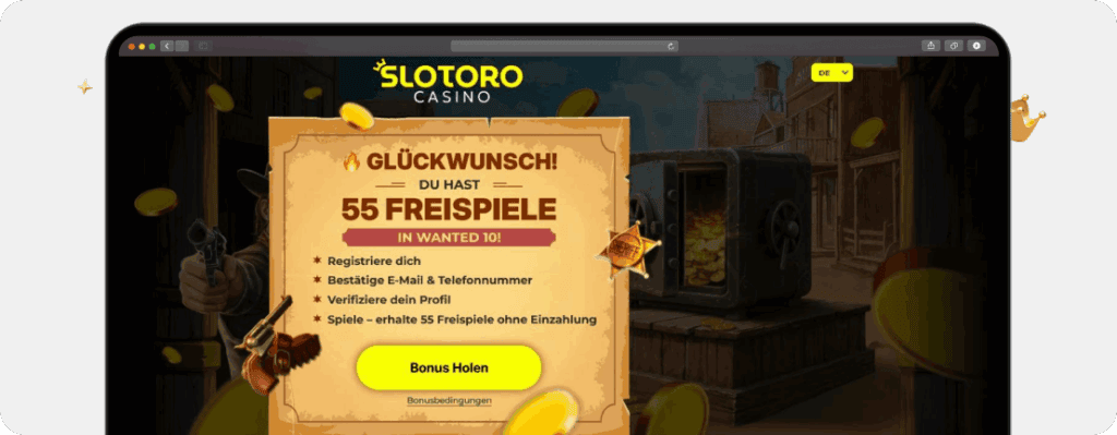 Screenshot Promotion-Seite für den 55 Freispiele ohne Einzahlung in Wanted10 bei meinen Slotoro Erfahrungen