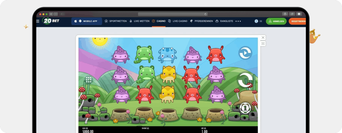 Screenshot Toki Time bei 20Bet als Beispiel für einen guten Slot mit wenig Einsatz und geringer Volatilität, der das Budget schont