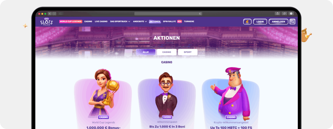 SlotsPalace Casino Aktionen Übersicht Willkommenspaket Krypto Bonus Desktop