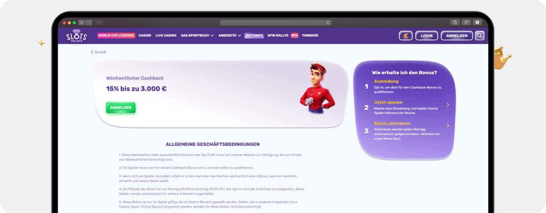 SlotsPalace Casino Wöchentlicher Cashback Bonus 15 Prozent bis 3000 Euro VIP