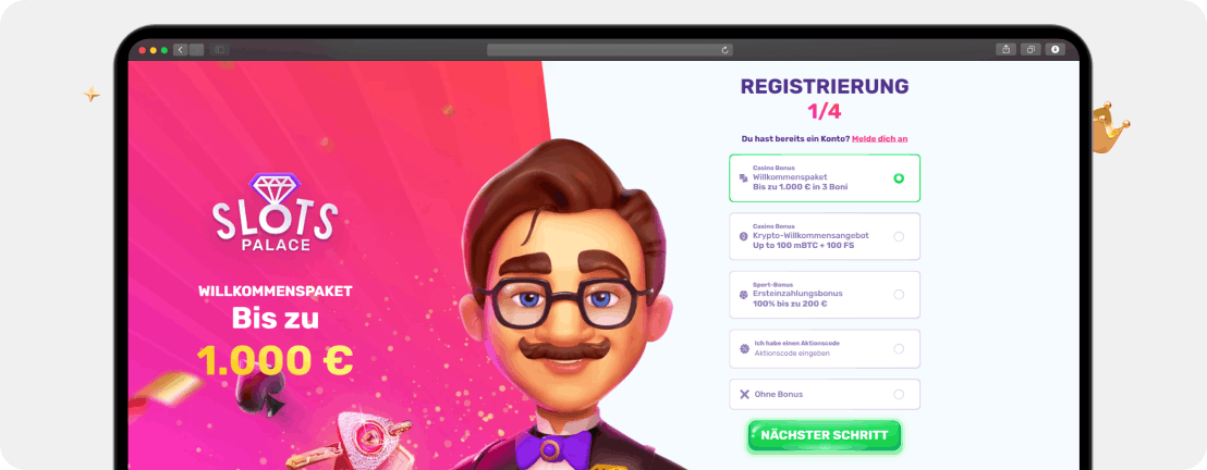 SlotsPalace Casino Registrierung Schritt 1 Bonus Auswahl Willkommenspaket Krypto Aktionscode