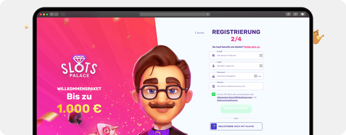 SlotsPalace Casino Registrierung Schritt 2 E-Mail Login Passwort Telefon