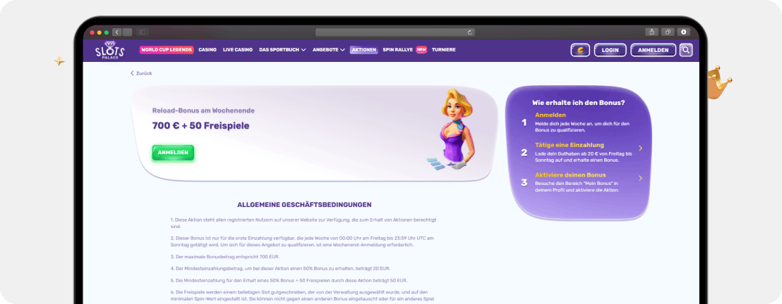 SlotsPalace Casino Reload Bonus Wochenende 700 Euro 50 Freispiele Freitag Sonntag