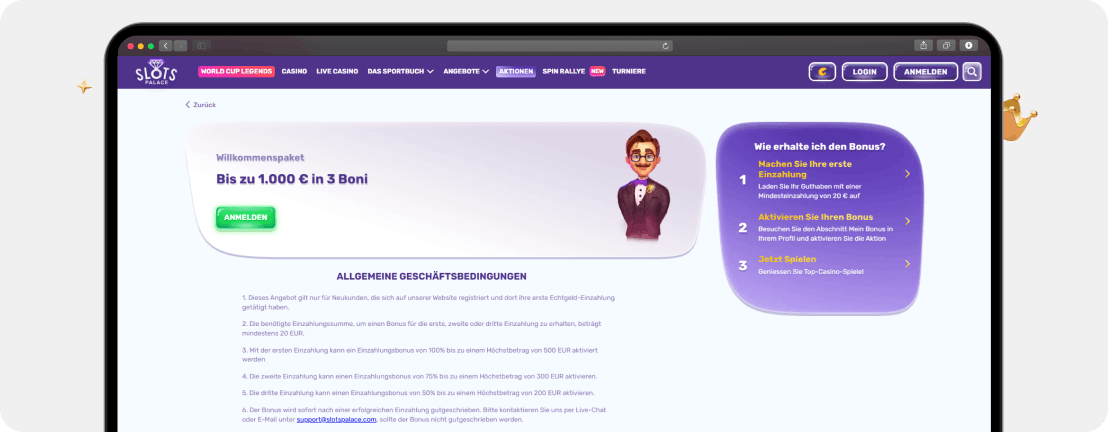 SlotsPalace Casino Willkommenspaket 1000 Euro 3 Boni Desktop