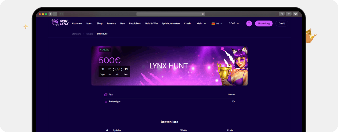 SpinLynx Lynx Hunt Turnier mit 500 Euro Preispool und Bestenliste der Top 10 Spieler