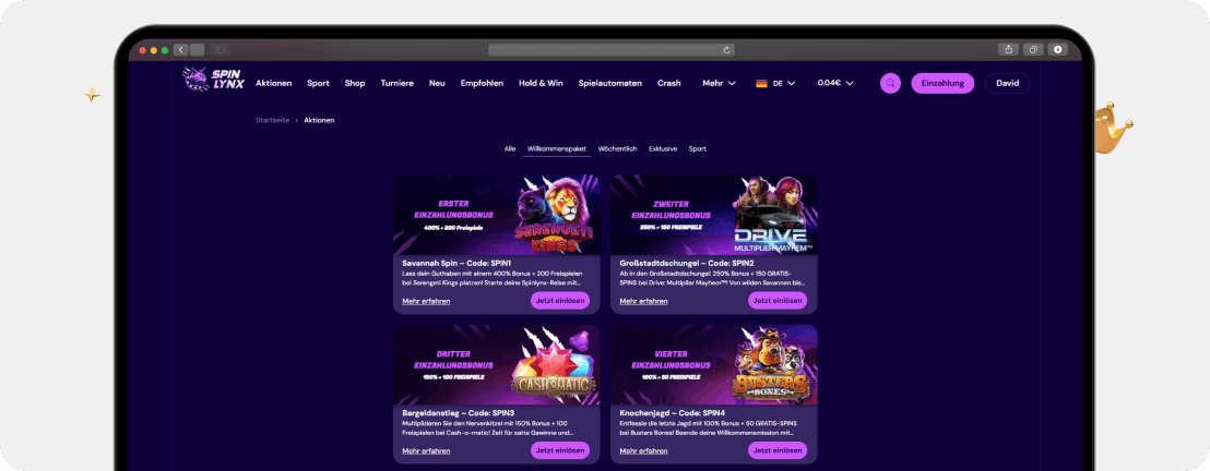 SpinLynx Casino Willkommenspaket mit vier Einzahlungsboni SPIN1 bis SPIN4 und 400 Prozent Startbonus
