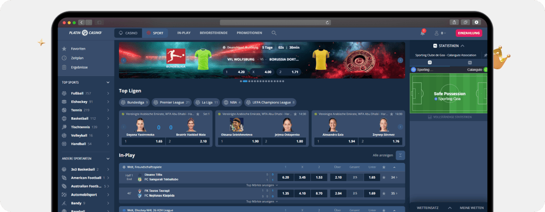 Screenshot Sportwetten während meiner Platincasino Erfahrungen mit verschiedenen Märkten im Frauenfußball