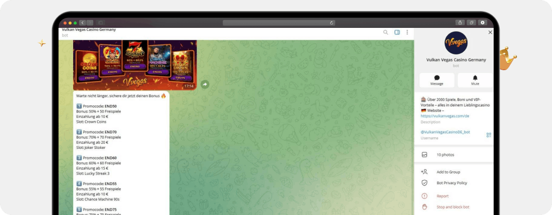 Screenshot Telegram Casino Kanal von V.Vegas mit exklusiven Bonusangeboten
