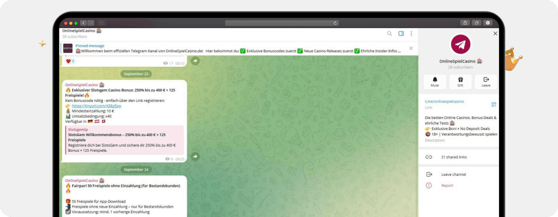 Screenshot Telegram Casino Channel von Onlinespielcasino.de mit exklusiven Boni