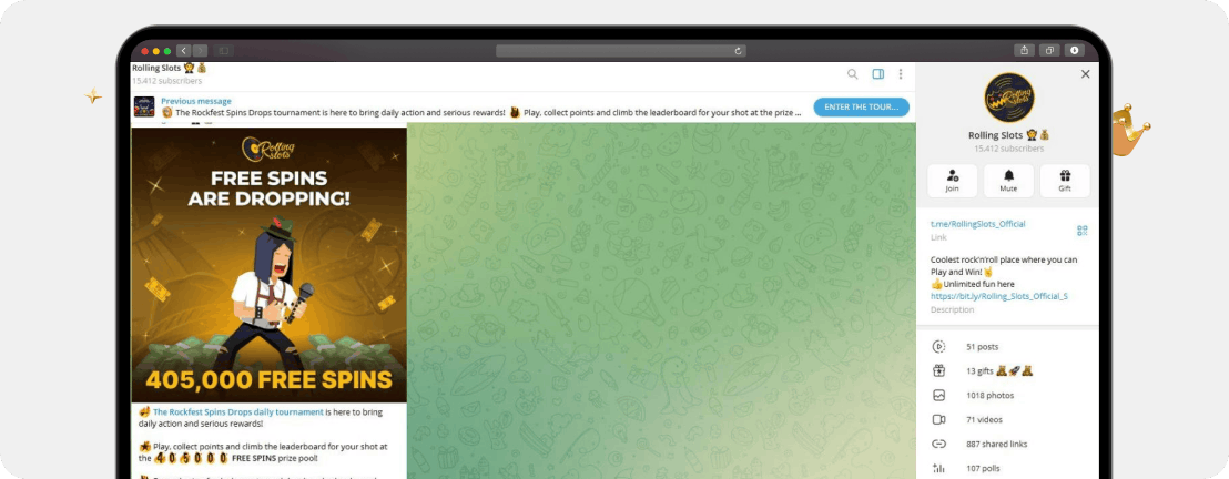 Screenshot Telegram Casino Channel von Rolling Slots mit exklusiver Aktion für 405.000 Freispiele