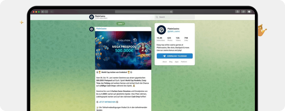 Screenshot Telegram Platincasino World Cup Action: 500.000 € Preispool bei Evolution als WM Casino Bonus 2026