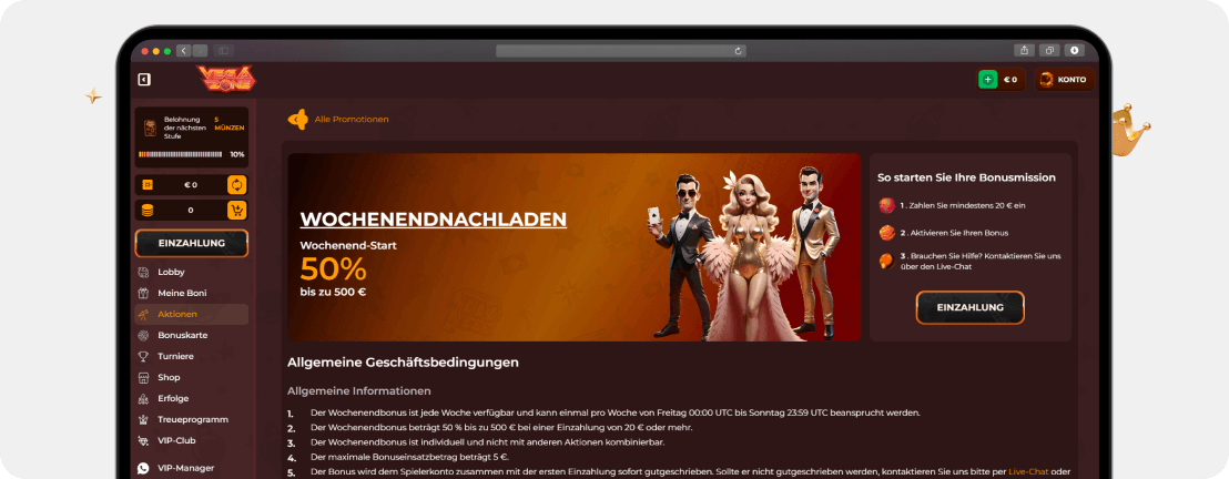 VegaZone Wochenendnachladen Reload Bonus 50 % bis 500 € mit Bonusbedingungen