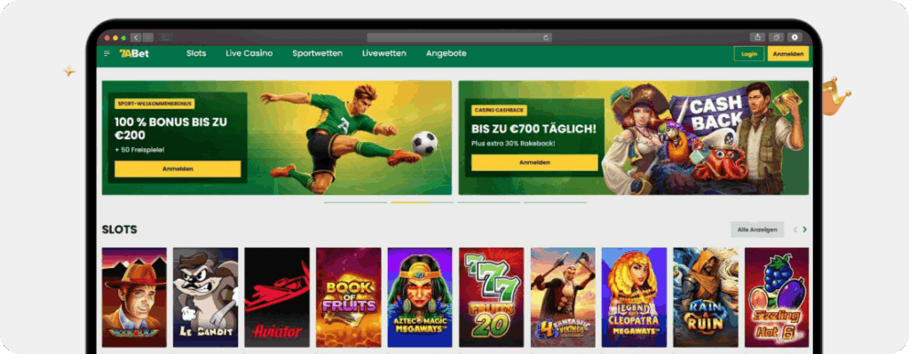 Screenshot Startseite vom 7ABet Casino, eines der aktuell besten Casinos wie Verde Casino