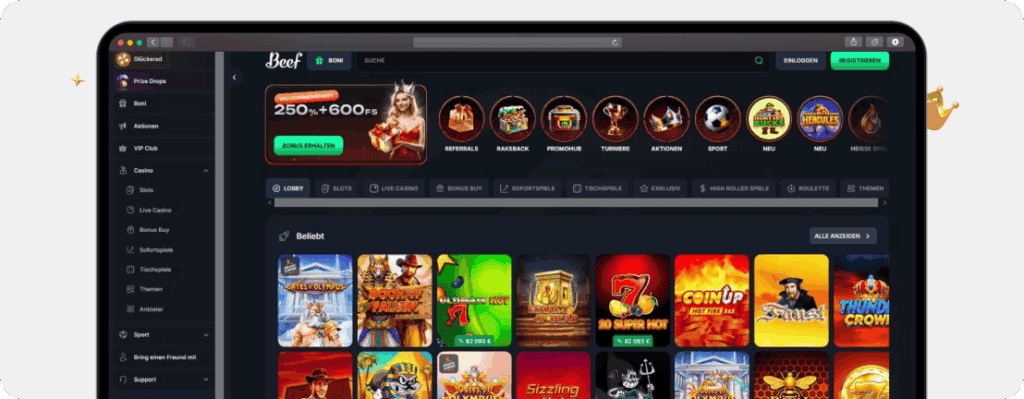 Screenshot Startseite vom Beef Casino, eine erstklassige Verde Casino Alternative aktuell