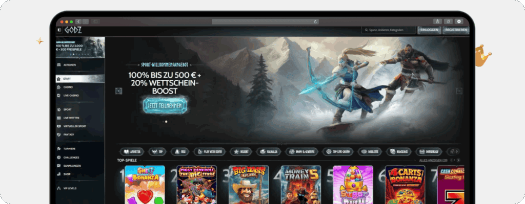 Screenshot Startseite vom Godz Casino, eines der aktuell besten Casinos ähnlich Verde Casino