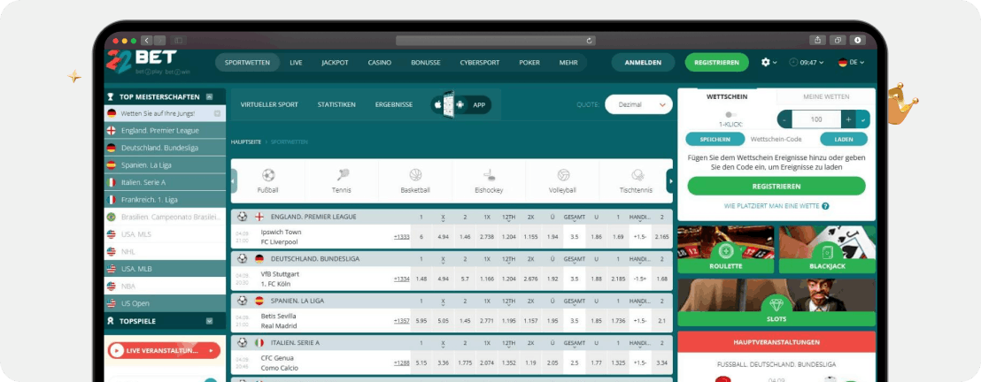 Screenshot Sportauswahl bei 22Bet als einer der besten Wettanbieter ohne OASIS in unserem Echtgeldtest