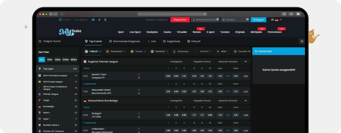 Screenshot Sportauswahl bei Mystake als einer der besten Wettanbieter ohne OASIS in unserem Echtgeldtest