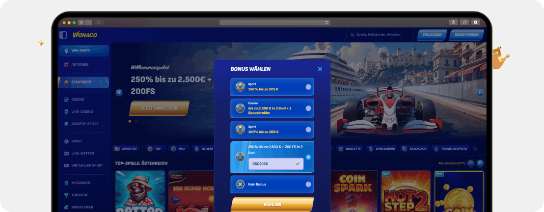 Wonaco Casino - Exklusiver Bonuscode - Desktop - OSC