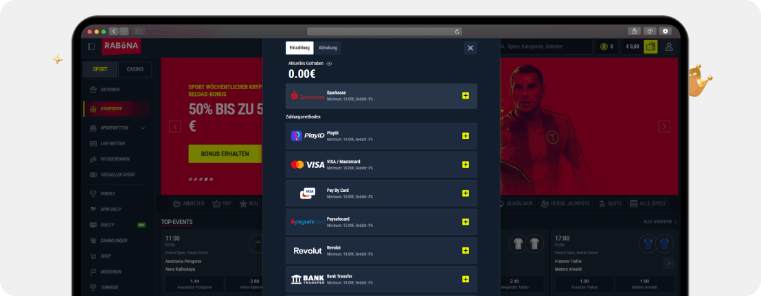 Kassenbereich eines Online Casinos mit niedriger Mindesteinzahlung ab 10 Euro und Zahlungsmethoden wie paysafecard, Revolut und Jeton