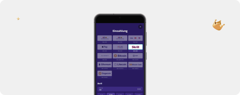 PlatinumSlots Casino Einzahlung mobil mit Skrill Bitcoin Ethereum und Apple Pay ab 20 €