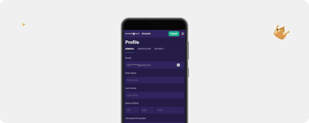 PlatinumSlots Casino Profil vervollständigen mit persönlichen Daten für KYC Verifizierung