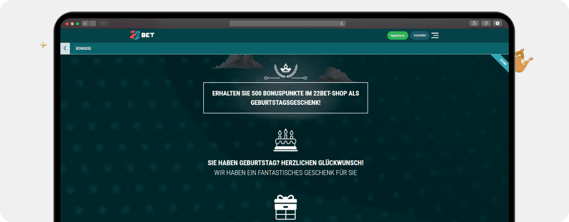 22Bet Casino Geburtstagsbonus 500 Bonuspunkte im 22Bet Shop