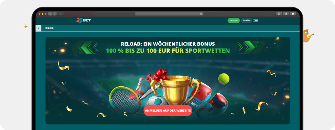 22Bet Casino Sportwettenbonus Freitagsaufladung 100 Prozent bis 100 EUR