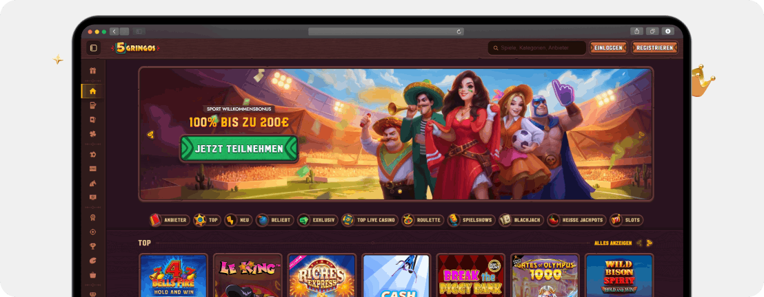 5Gringos Casino Startseite im Mexiko Design mit Sport Willkommensbonus 100 Prozent bis 200 Euro