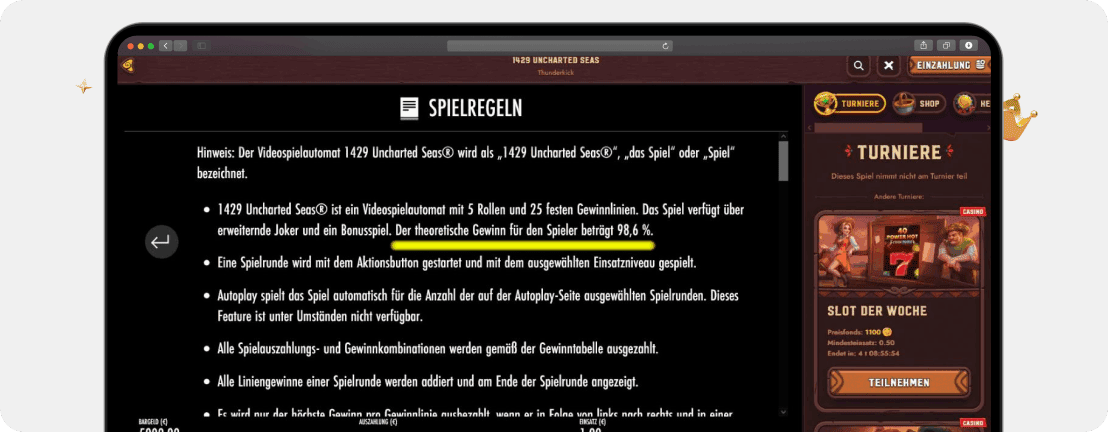 Screenshot Spielregeln von 1429 Uncharted Seas mit Anzeige der Auszahlungsquote von 98,6 %