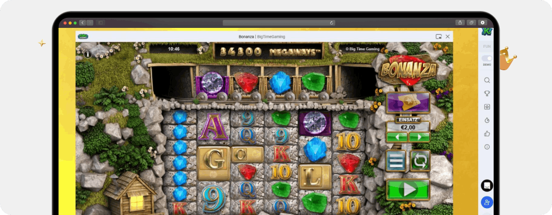 Screenshot Spielfeld von Bonanza im Koru Casino, einer der beliebtesten und besten Slots mit hohem RTP aktuell