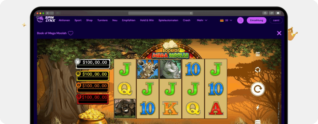 Screenshot Spielfeld von Jackpot Book of Mega Moolah im SpinLynx Casino mit gesplittetem RTP für Basisspiel und Hauptgewinn
