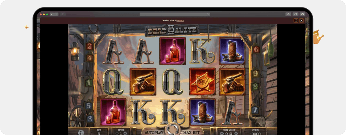 Screenshot Spielfeld von Dead or Alive 2 im Vegazone Casino, einer der beliebtesten und besten Slots mit hohem RTP aktuell