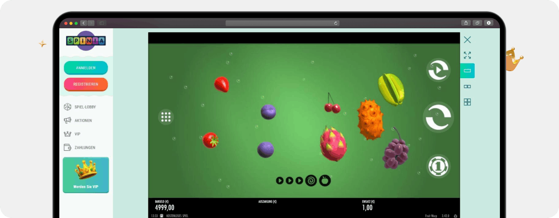 Screenshot Spielfeld von Fruit Warp im Spinia Casino, einer der Slots mit höchstem RTP aktuell