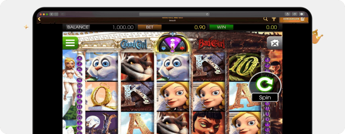 Screenshot Spielfeld von Good Girl, Bad Girl als Beispiel für eine gute Wahl, um beste RTP Slots für Bonusbedingungen zu nutzen