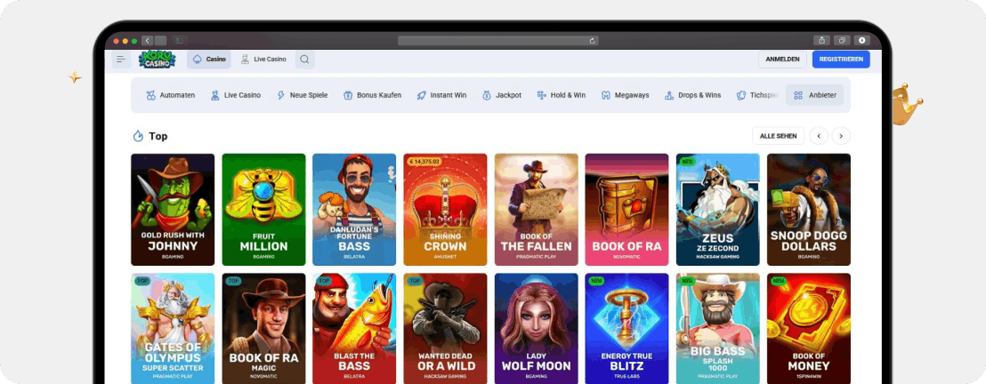 Screenshot Spiele-Lobby von Koru Casino mit vielen der besten RTP Slots