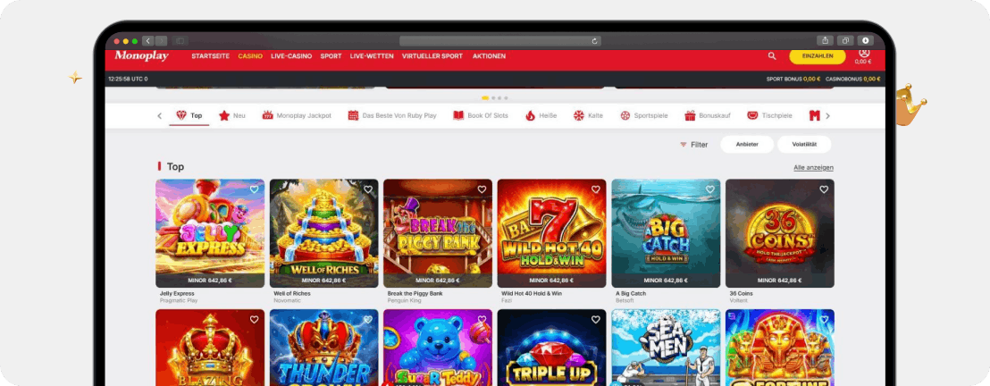 Screenshot Spiele-Lobby von MonoPlay Casino mit vielen der besten RTP Slots
