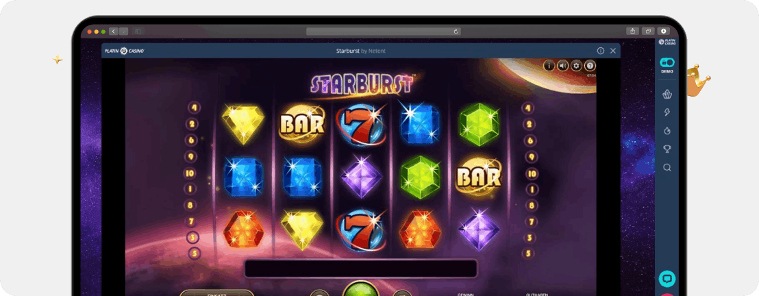 Screenshot Spielfeld von Starburst im Platincasino, einer der beliebtesten und besten Slots mit hohem RTP aktuell