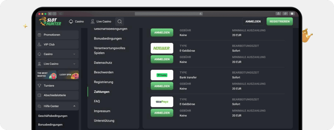 Screenshot Übersicht der Auszahlungsmethoden im Slothunter Casino mit Trustly Sofort Auszahlung